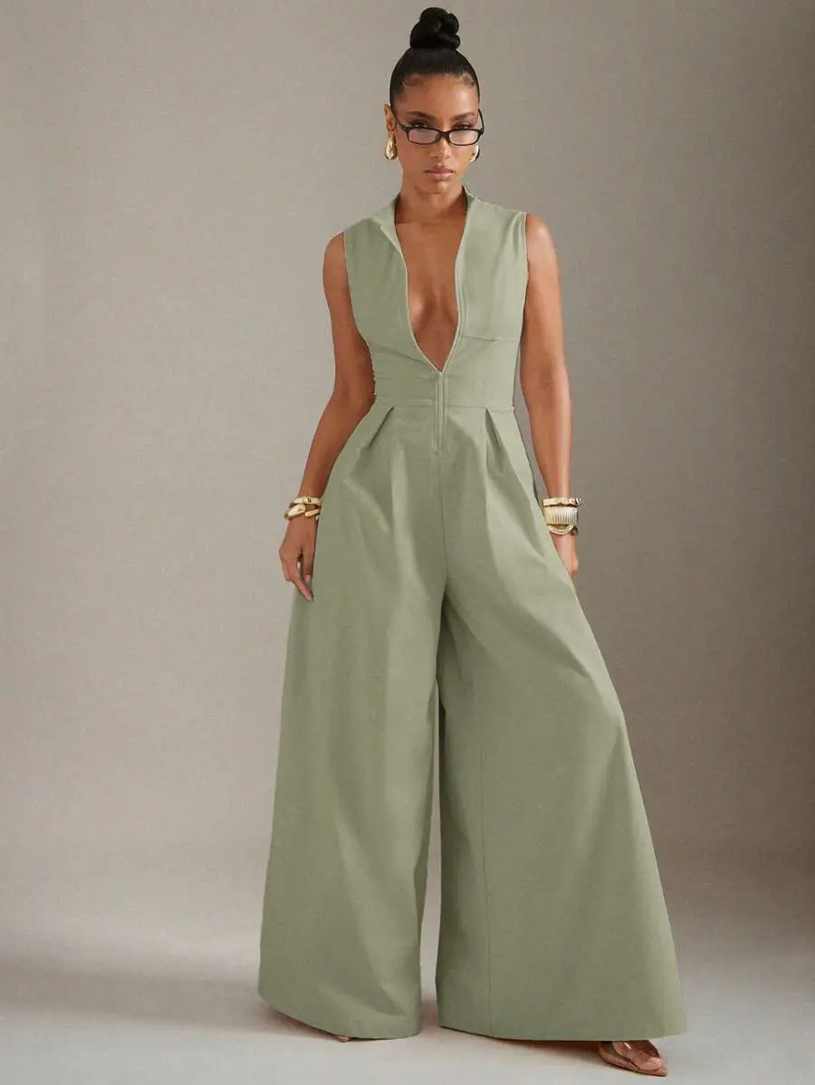 Haute Couture Wide Leg Sleeveless Jumpsuit for Women – Zip Front Elegant Palazzo One Piece Outfit, Chic Casual Party Romper