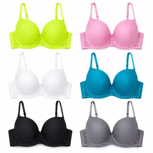 01 Women's Padded Push-up Bra with Lace Trim, Multicolor, Full Coverage, Adjustable Straps, Medium Support, 6 Pack
