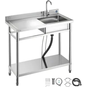 VEVOR Stainless Steel Utility Sink, Free Standing Single Bowl Commercial Kitchen Sink with Faucet, 39.4x 19.7x 37 in, Utility Left Basin with Hot Cold Water Pipe for Garage, Restaurant, LaundryVEVOR Super Brand Day