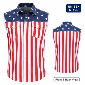 Unisex Patriotic Sleeveless Button Down Shirt, American Flag Stars and Stripes Summer Vest Top, Men Women 4th of July Independence Day Casual Shirt with Chest Pockets for BBQ Party Festival