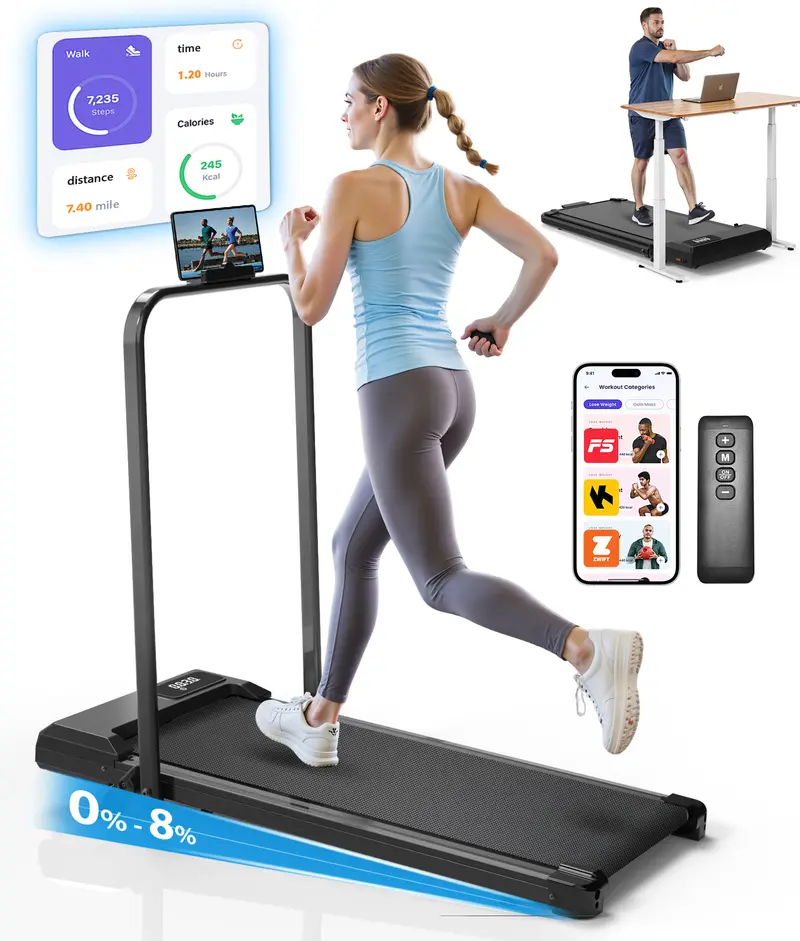 Walking Pad Treadmill with Incline - 8% Incline Walking Pad with Handle Bar - Foldable Under Desk Treadmill for Home with 300 Lbs Capacity - Jogging Machine with Quiet Brushless, App & Remote