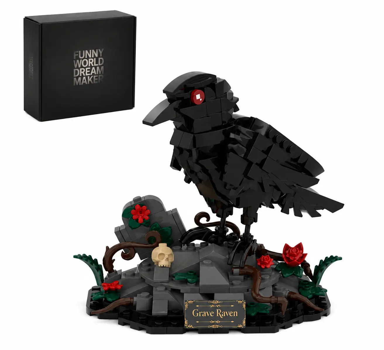 Gothic Grave Raven Building Set, 334 Pieces Black Crow Model with Graveyard Scene, Tombstone, Roses & Skeleton Details, Halloween Decor for Adults, Spooky Desk Display, Dark Collectible Building Set, Gift Idea for Gothic Lovers & Horror Fans