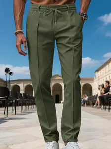 Men's Casual Solid Color Sports Long Pants, Drawstring Waist Straight Leg, All-Season Business Commute Simple Versatile Long Pants