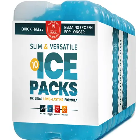 Healthy Packers Slim Long Lasting Ice Packs 10 Pack Quick Freeze BPA Free Non Toxic for Coolers Lunch Boxes 7x4.7x0.5 Inches