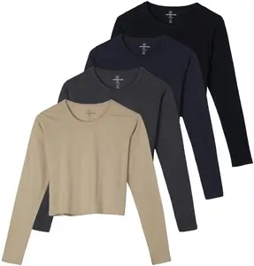 Real Essentials 4 Pack: Women's Cotton Long Sleeve Crew Crop Top - Casual Cropped T-Shirt (Available in Plus Size)