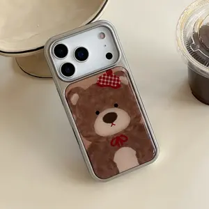 Silver Color Bear Cartoon Oil Painting Phone Case Cover for Apple iPhone Series, Stylish Women's Simple Design, Fits Multiple Models