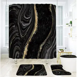 1/4pcs 2D Flat Black Marble Shower Curtain with 12 Hooks, Non-Slip Bathroom Rug, U-Shaped Toilet Mat, Toilet Lid Cover, Bathroom Decor, Bathroom Shower Curtain, Bathroom Accessories, 2D Flat