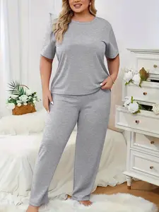 Women's Spring Summer Plus Size Solid Color Round Neck Short Sleeve Fitted T-Shirt, Fashion Casual Pocket Wide Leg Pants Two-Piece Set