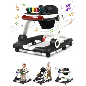 Music and Lights Baby Walker with Wheels, 6 in 1 Baby Activity Center w/Ergonomic backrest Design, Baby Walkers for Boys w/Foot Pads, Music Bouncer Walkers for Boys Girls Babies 6-18 Months, Black