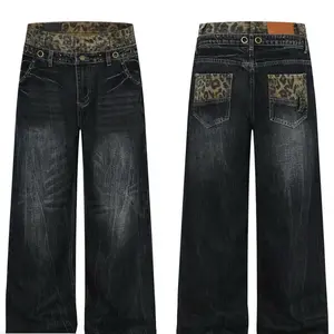 Unisex Double Waist Leopard Print Jeans - Washed Vintage Distressed Denim with Studs & Frayed Cuffs for Men & Women