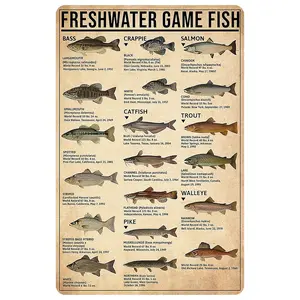 Boys' Fishing Gift, Vintage Freshwater Gamefish Knowledge Tin Sign, Man Cave & Boy's Hunting Room Decoration, 8x12 Inch