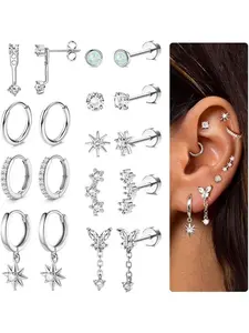 9 Pairs Stud Hoop Earrings Fashionable Hoop Earrings for Women Hypoallergenic Flat Back Earrings Dangle Huggie Earring Sets for Multiple Piercing Flat Pierced Jewelry Cartilage Earring Gold Silver Tragus Helix Piercing Jewellery Stud Earring Jewelry