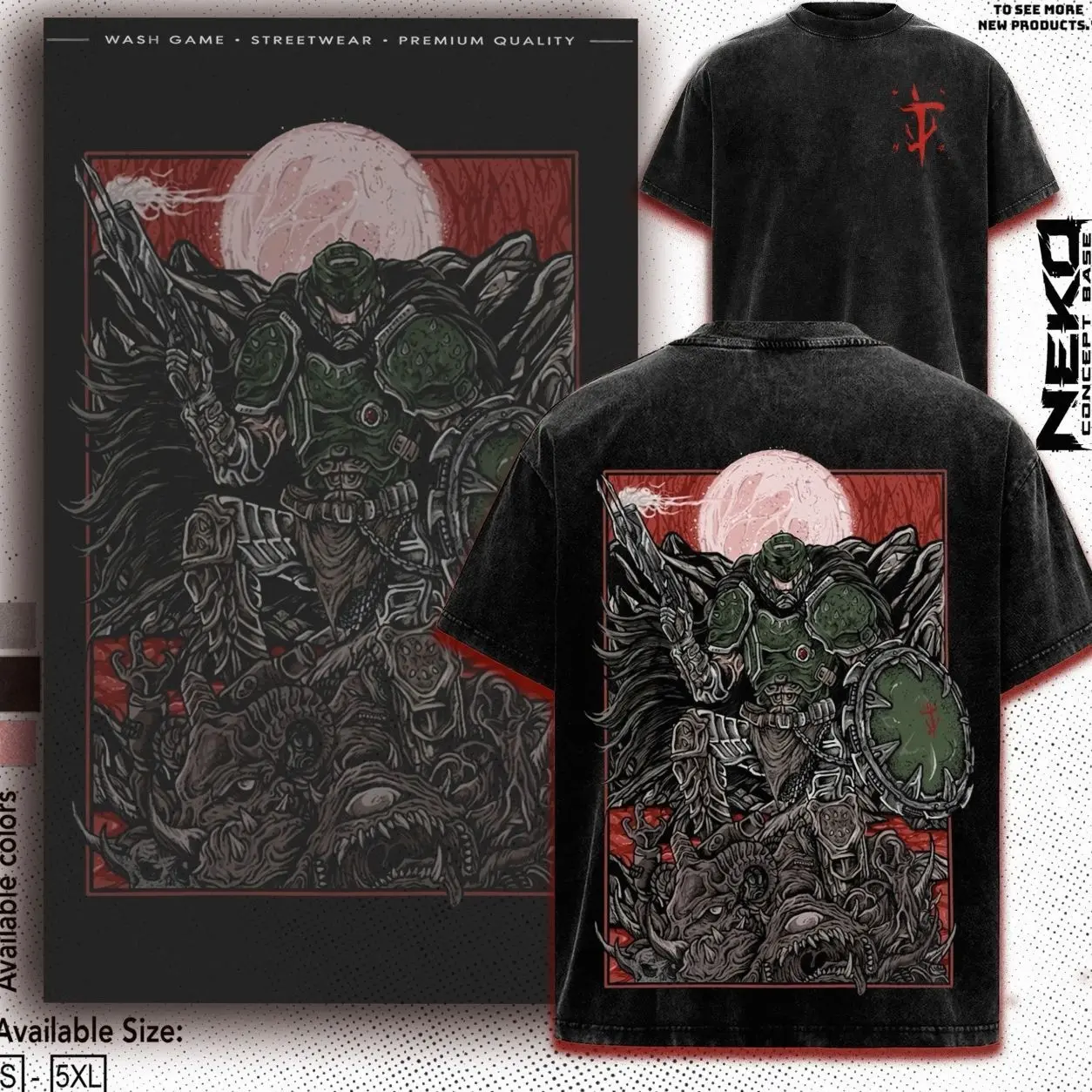 Men's Vintage Washed Doom Slayer Doomguy Short-Sleeve Classic Round Neck Soft Heavyweight Cotton Oversized T-Shirt, Retro FPS Horror Game Graphic Menswear, Unisex Casual Streetwear, Gaming Fan Gift Merch NQ5, Shortsleeve, Top