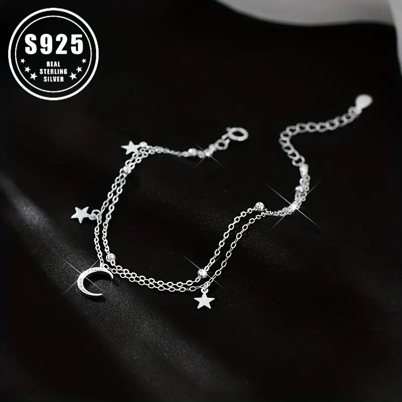 Boho Moon Charm Bracelet for Female, Dainty 925 Silver Platinum Plated Celestial Double-Layer Stacking Jewelry, Double-Layer Platinum Plated, Bangle, Daily, Huatairy, Casual Wear