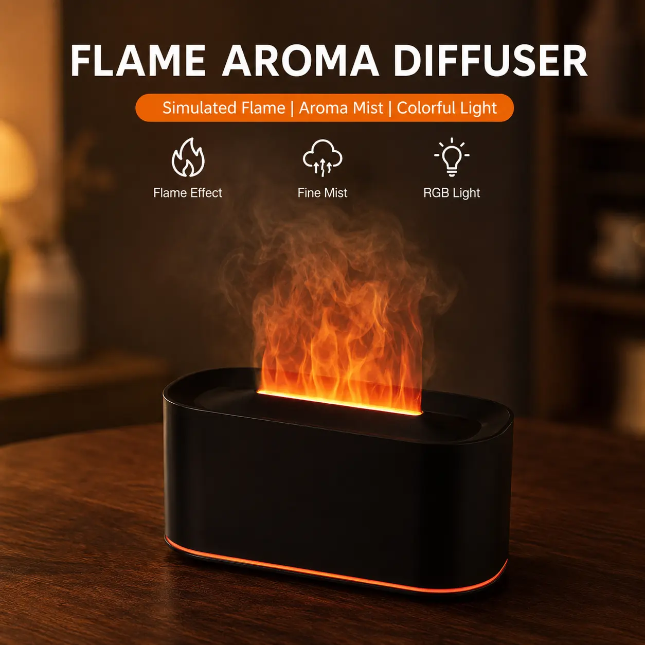 Portable Simulated Flame Aroma Diffuser - 7-Color Noiseless Essential Oil Diffuser with Auto-Off Protection, USB-Powered Desktop Humidifier for Home Aromatherapy indoor ambient