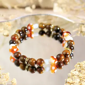 Handcrafted Natural Tiger Eye Cute Mushroom Beads Bracelet - Female Youth Jewelry for Anxiety Relief, Courage, Confidence, Healing, Protection, Gift for Girls