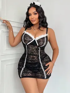 Plus Size Women's Lingerie 2 Piece Set, Sexy Lace Babydoll & G-String With Large Bow - Open Back Bridal Chemise Nightwear, Soft Clubwear For Women, Valentine's Lingerie Christmas Gift For Her, Soft Comfy Lingerie, Lingerie Sets