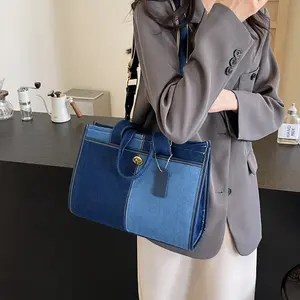 AS610  Women's Contrasting Color Splicing Denim Handbag 2025 New Fashion Shoulder Messenger Commuter Tote Bag