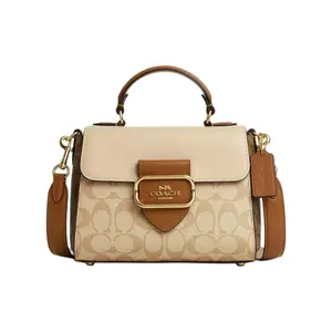 COACH Morgan 21 Logo-Button Coated Canvas and Leather Crossbody Shoulder Bag for Women in Khaki
