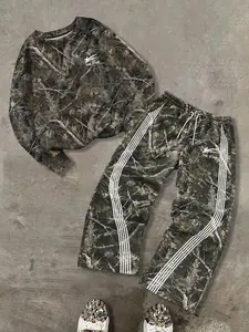 Fashion Streetwear Y2K Style Stylish Loose Long Jungle Camo Print Hoodie & Pants Set, Unique Leaf Pattern, Side Stripe Design, Perfect for Fitness, Sports & Casual Wear