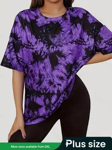 Women's Tie Dye Print Drop Shoulder Tee, Casual Plus Size Half Sleeve Round Neck T-shirt for Spring, Women's Clothing for Daily Wear, Womenswear