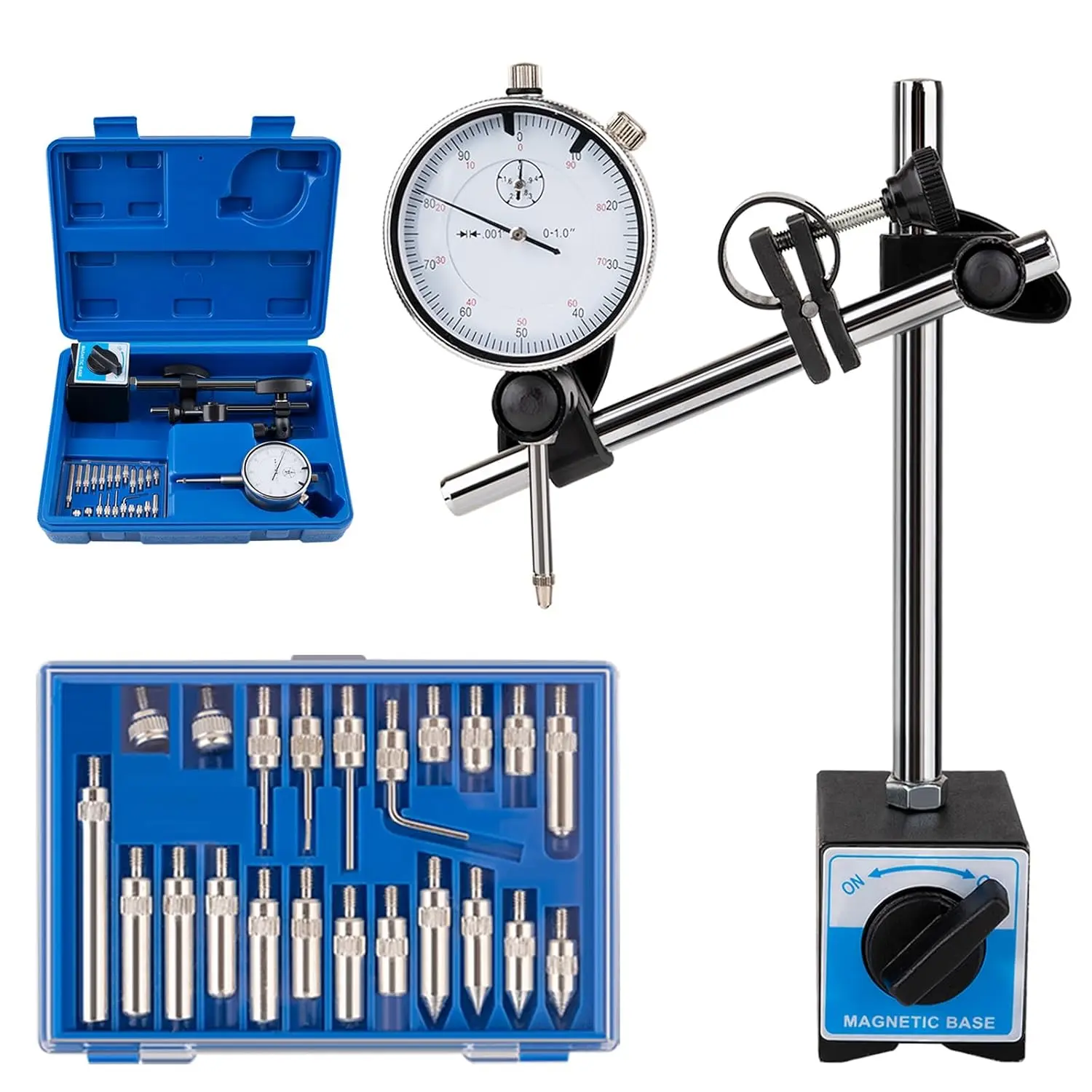 Dial Indicator with Magnetic Base, 0-1"×0.001" Precision Dial Test Indicator Set, Adjustable Long Arm Magnetic Dial Indicator Base Holder for Workshop, Lab & Mold Making