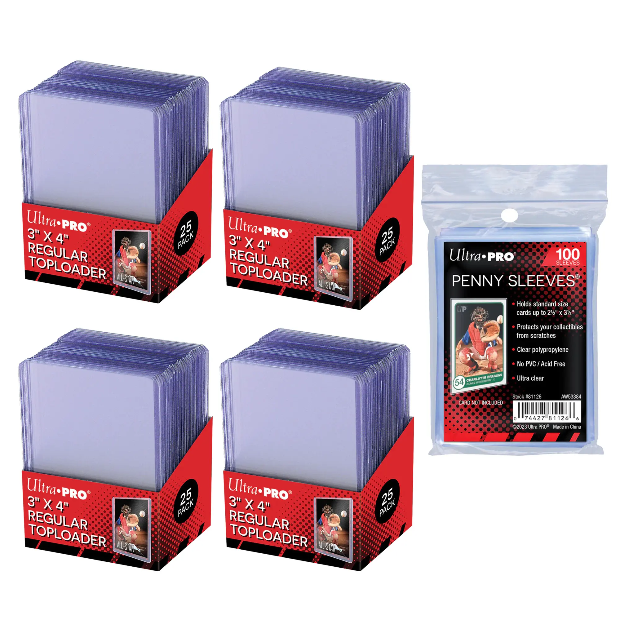 Ultra Pro Top Loader 3x4 Pack of 25 x4 Plus Penny Sleeves Pack of 100