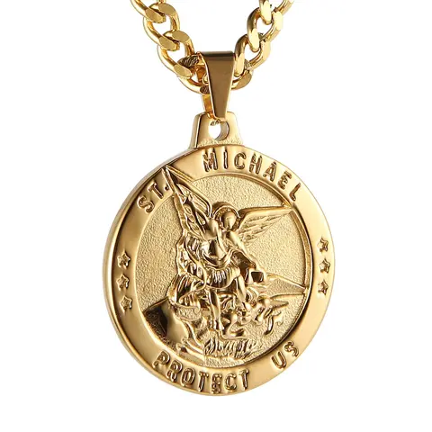 HZMAN St Michael The Archangel Catholic Medal Stainless Steel Amulet Pendant Necklace 22+2" Rolo Curb Chain