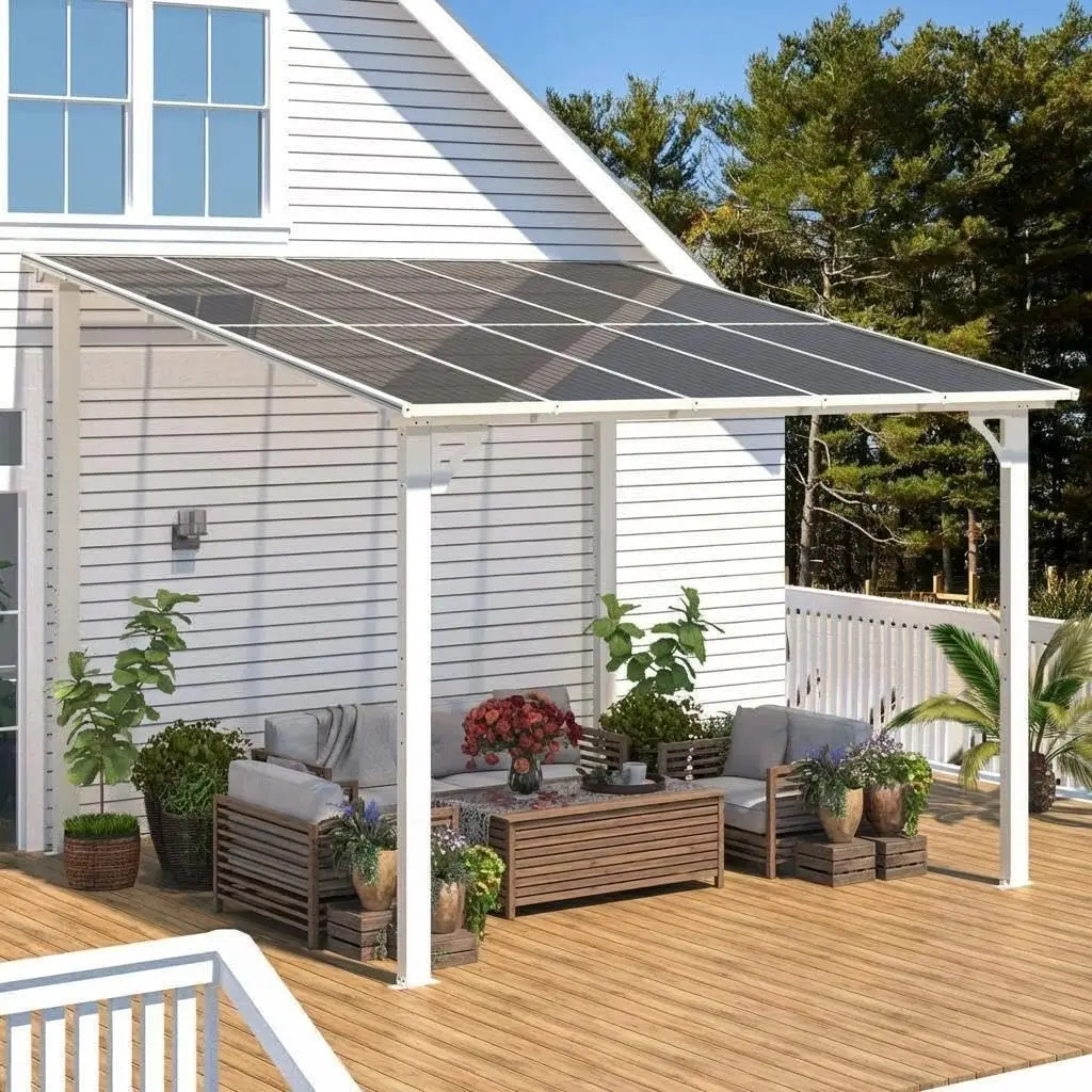 10x10FT Wall-Mounted Hard Top Gazebo, Lean-to Pergola with Roof, Gutters & UV Prevention Canopy, Heavy-Duty Outdoor Awning for Patio, Deck