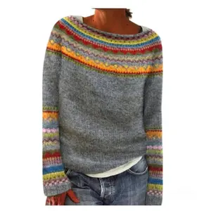 Women's Vintage Fair Isle Pattern Sweater Casual Loose Crewneck Long Sleeve Knitted Sweater Tops