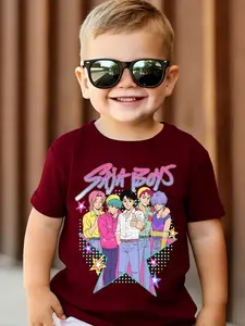 Vintage Kpop Style Boy's T-Shirt, Colorful Idol Group Print, Cartoon Print Tee, Comfortable and Versatile, School Daily Wear, Casual Streetwear