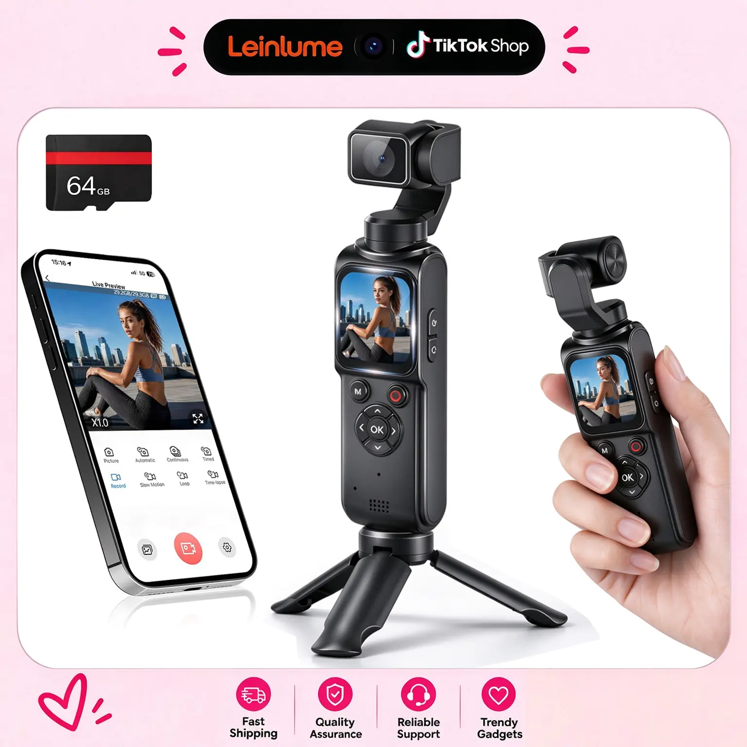 Leinlume 4K Handheld Gimbal Camera with 75MP Photos Wifi, Pocket Camera with 1.72'' Touchscreen, 3hr Battery, Vlogging Camera with 330° Rotating Lens, Face Tracking, Video Recording Camera, Digital Camcorder for Travel with 64GB Card