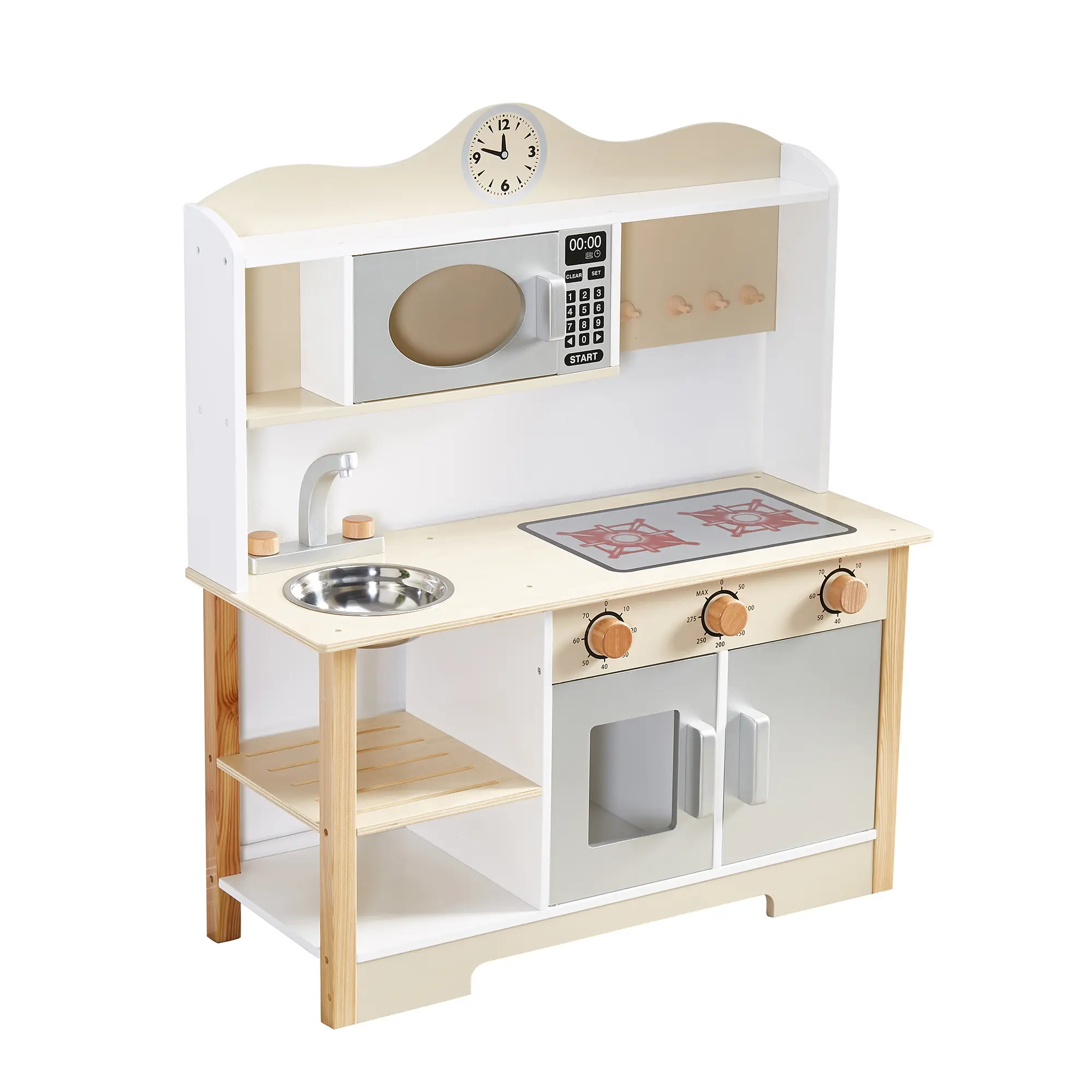 Natural Wood Toddler Kitchen Set for 3-4 Years Unisex Kids, Montessori Pretend Cooking Playset with Microwave, Sink, Turning Knobs, Storage Cabinets, Latex Free, CPC Safety Certified Gift