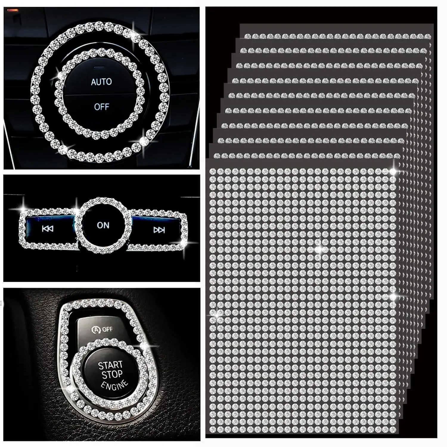 10 Sheets 8500 Pieces Bling Car Stickers, DIY Car Decoration Sticker, Self-Adhesive Car Stickers Glitter Rhinestones Stickers, Suitable for Decorating Various Bling Car Accessories for Women(Silver)