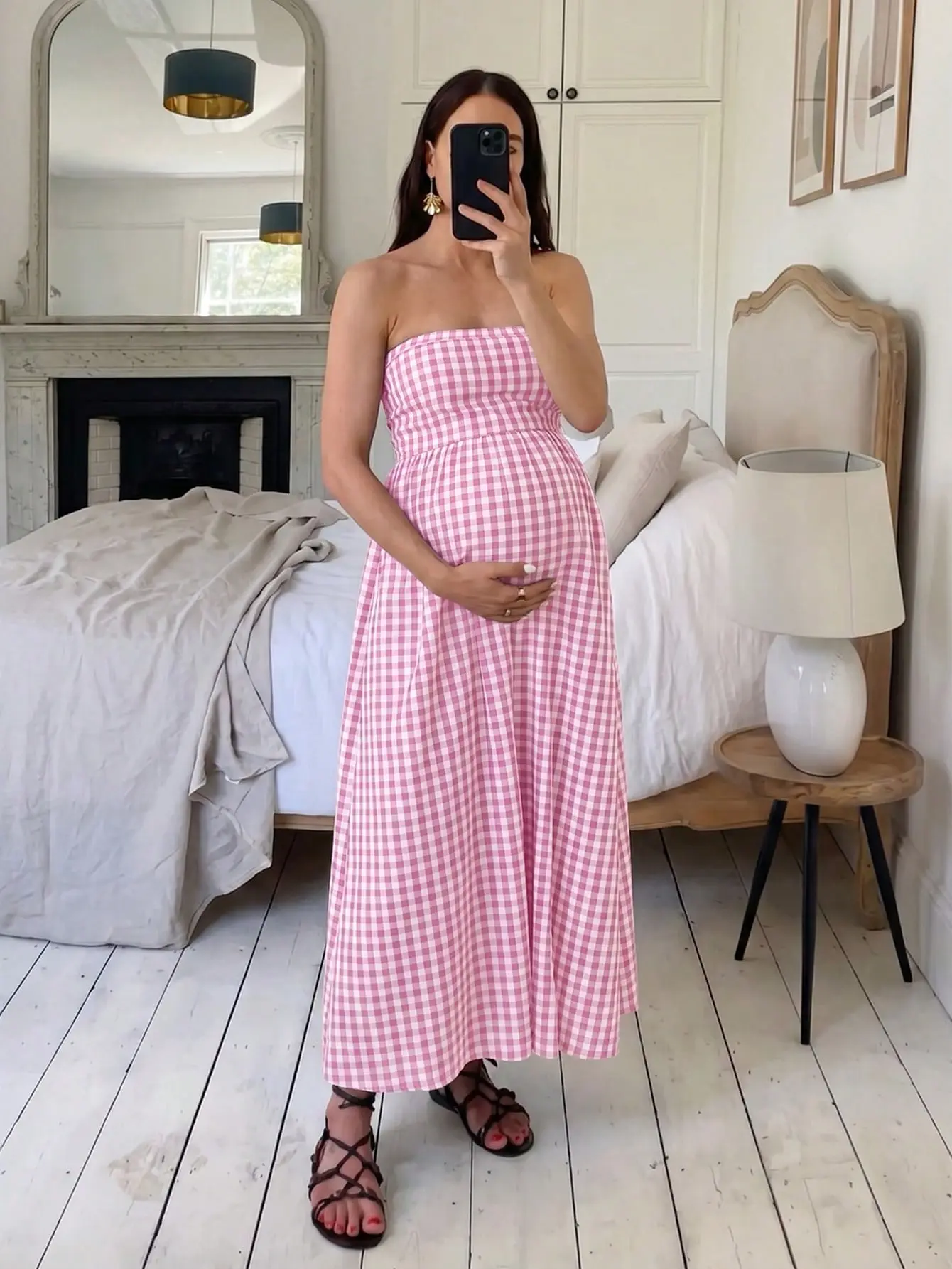 Maternity Plaid Ruched Casual Vacation Dress