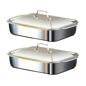 4-Piece (2 Stainless Steel Deep Pans And 2 Lids With Handles) Heavy-Duty Stainless Steel Rectangular Fish Baking Tray With Lid,Suitable For Barbecue, Buffet And Home Cooking, Suitable For Dessert, Bread, Seafood A Must-Have For Holiday Cooking