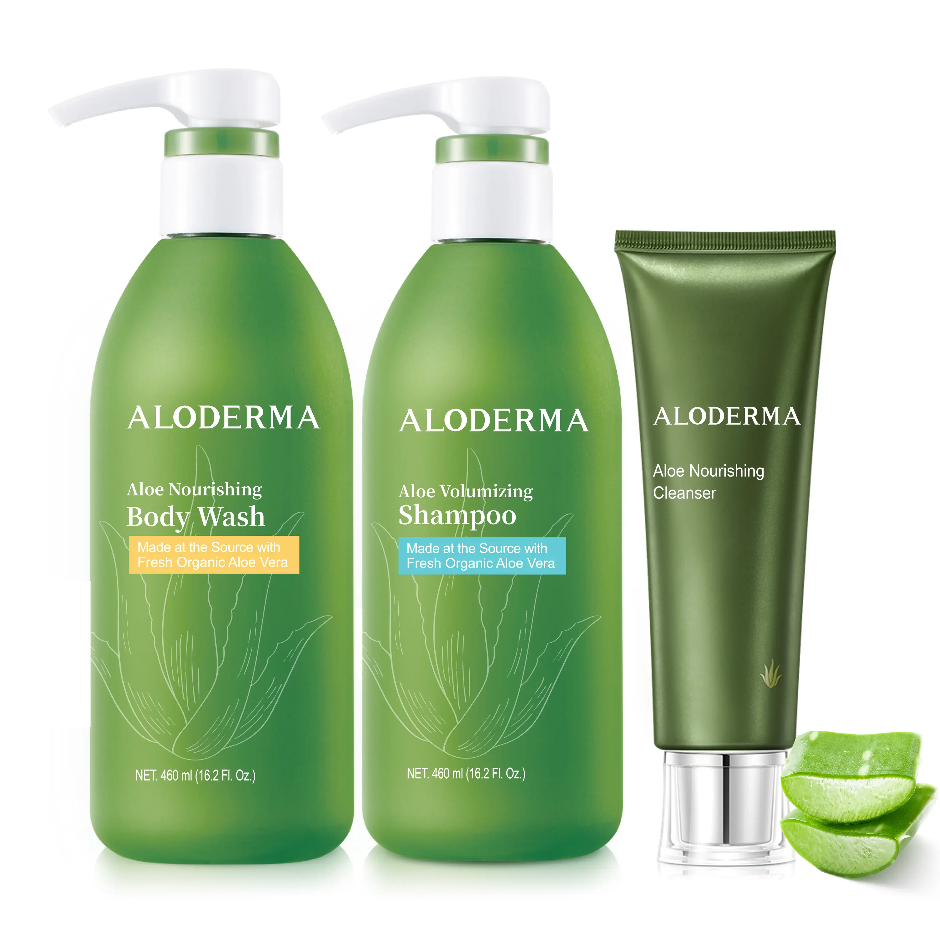 Aloderma Aloe Shower Set, 3 pcs - Nourishing Body Wash, Volumizing Shampoo, Nourishing Cleanser - Hydrating, Moisturizing