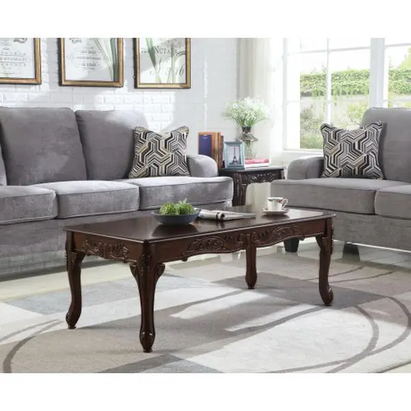 Dark Cherry Finish Wood Coffee Table with Traditional Ornate Detailing, Indoor Living Room Furniture