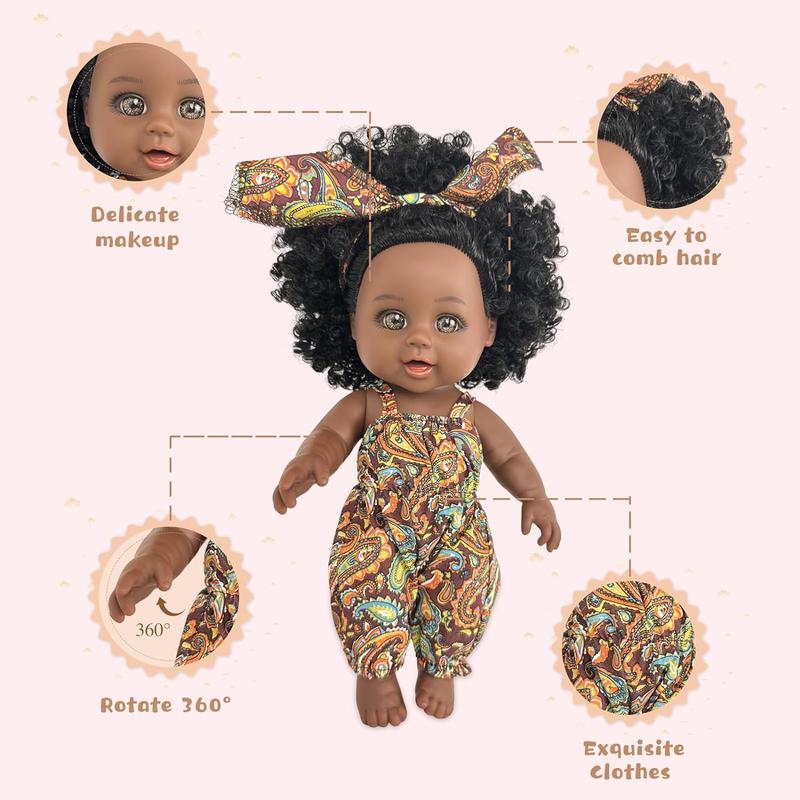Nice2you Black Baby Doll with Backpack Carrier, 10in American African Doll for Girls Toddlers Aged 2+, Backpack for Baby Doll Accessories Storage, Perfect for 1 2 3 4 5 6 Years Old Kids