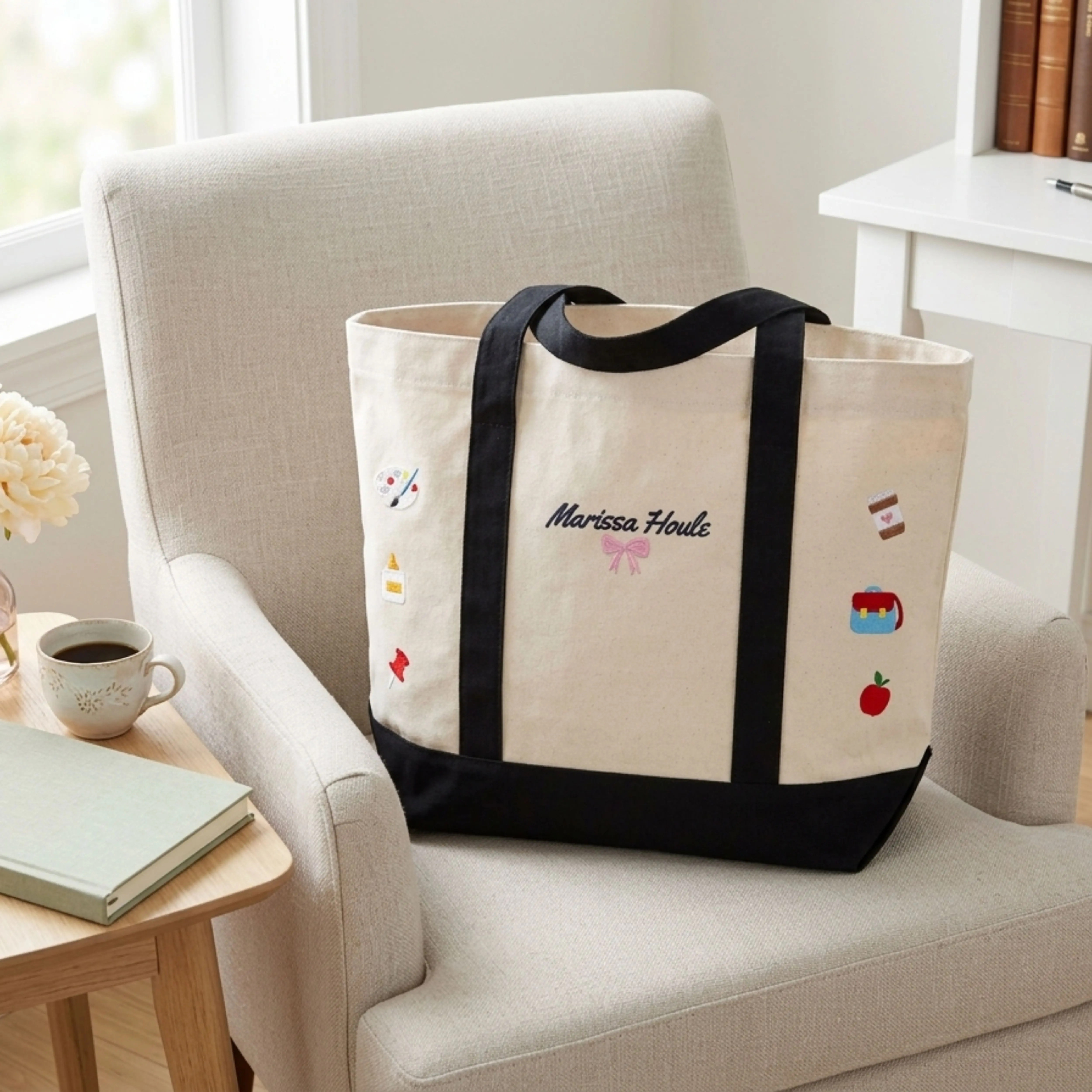 Personalized Teacher Tote Bag with Embroidered Name & Mini Icons | Custom Teacher Gift Bag