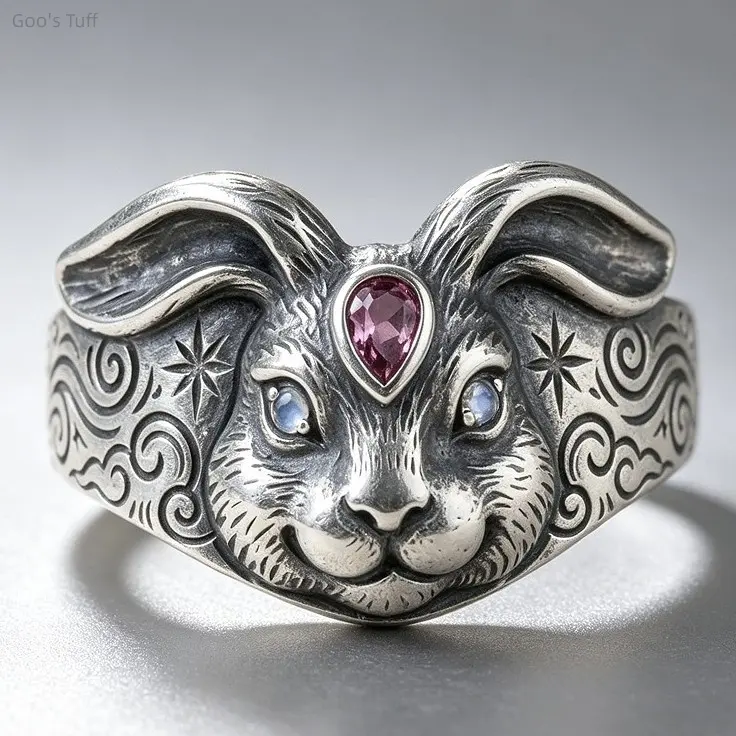 Women's Vintage Silver-Plated Alloy Rabbit Ring, Creative Trending Animal Jewelry with Ruby Inlay, Cute Statement Accessory for Daily Wear & Party Outfits