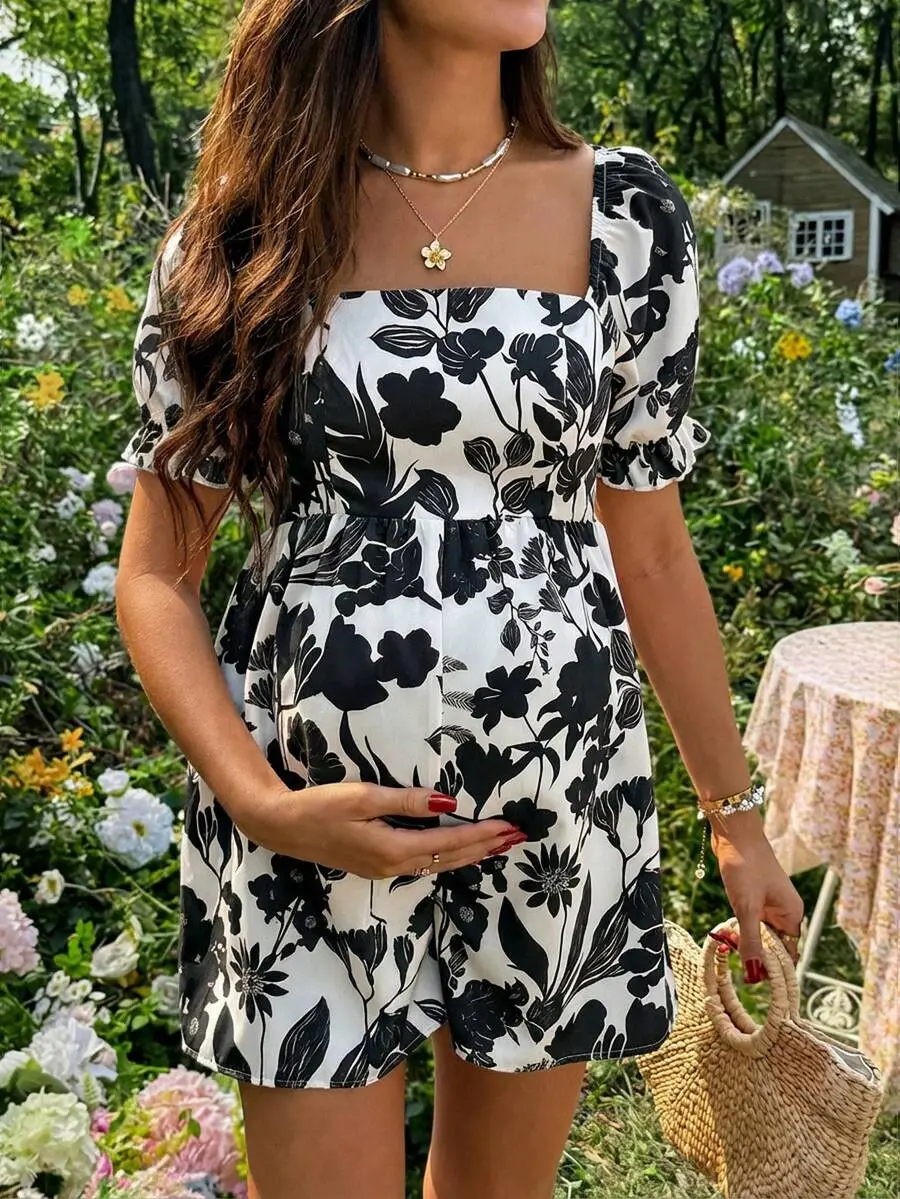 Maternity Boho Romper Square Neck Puff Sleeve Casual One-Piece for Beach Brunch and Errands