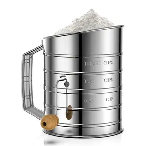 Flour Sifter for Baking, Stainless Steel 3 Cup Flour Sifter with Rotary Hand Crank, Fine Mesh and Agitator Flour Duster