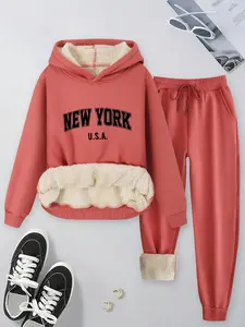 Women's Plus Size Sweatshirt Set, New York U.s.a Letter Print, 2 Piece Casual Hoodie Pants, Fall & Winter Fleece Lining