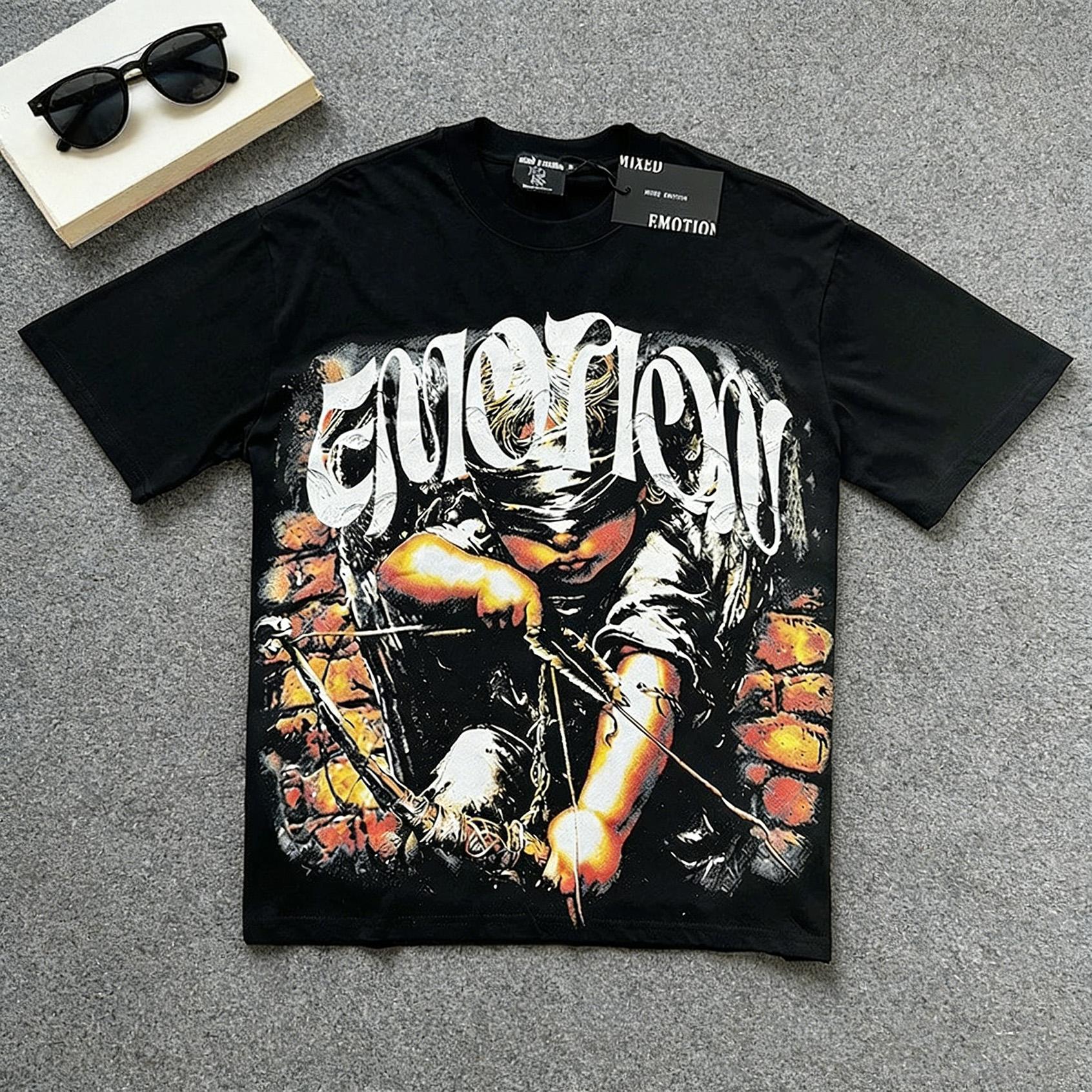 Mixed Emotion Mens Diamond Angel Print T Shirt Summer Streetwear Top Round Neck Short Sleeve Graphic Tee TikTok Viral Trend Y2K Aesthetic Hip Hop Urban Street Outfit Oversized Unisex Casual Summer Fashion Top