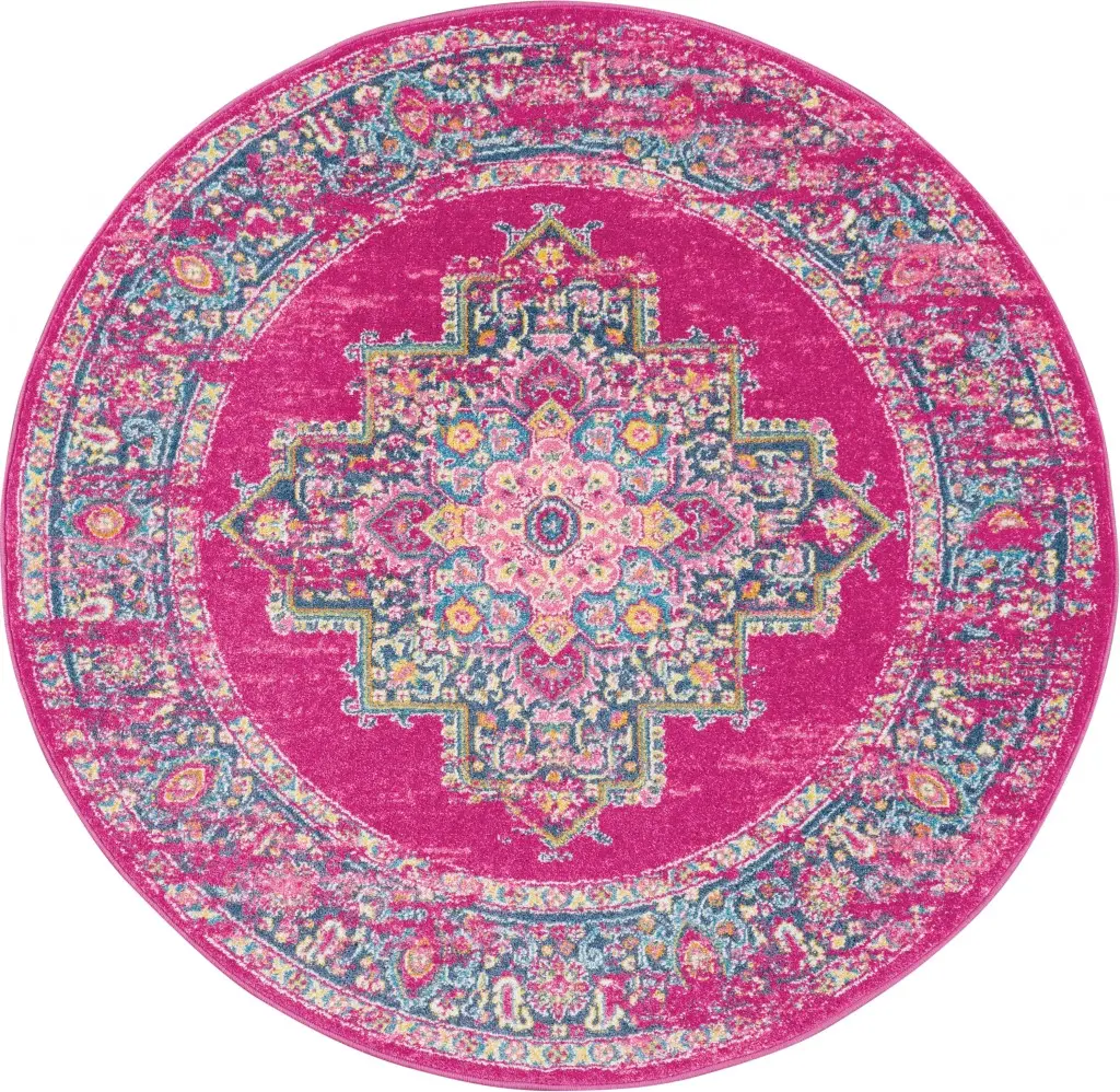 360 stand 4 ft. Round Fuchsia & Blue Distressed Floral Decorative Rug Mat, Durable Home Decor Area Rug, Durable Area Rugs
