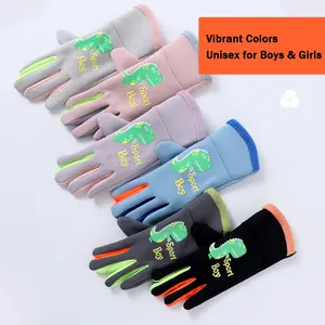 1 Pair Kids' Winter Thermal Touchscreen Gloves - Glow-In-The-Dark Cute Dinosaur Print, Fleece Lined, Waterproof Windproof Anti-Slip for Outdoor Sports, Snow Play & Cycling