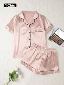 Pure Color Short Pajama Set, Matching Pajamas, Short Sleeve Button Neck Top and Pants, Soft Satin Sleepwear, Loungewear, Casual Loose-Fitting, All Seasons