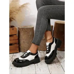 Women’s colorblock lace-up thick sole loafers, autumn/winter British-style derby shoes, glossy PU leather patchwork, anti-slip chunky sole, oxford shoes