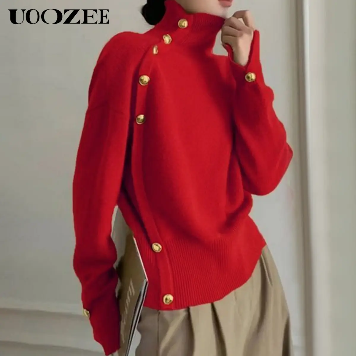 UOOZEE Women's Thick Nylon Knitwear Pullover - Solid High Neck Full Sleeve Loose Fit Top with Button Detail, Elegant Casual Style, True Size for Parties, Elegance, Turtleneck